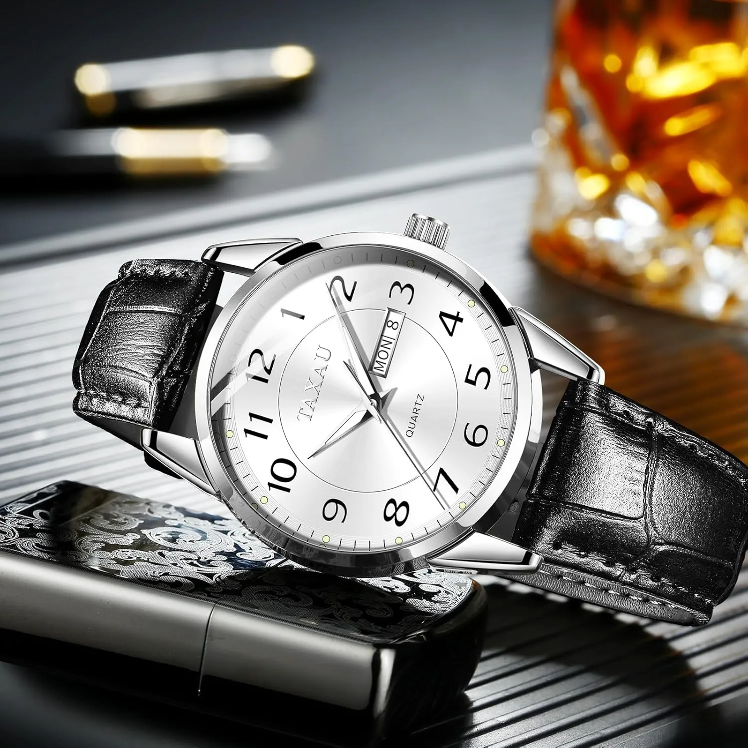 Watch Men,Big Face Watch for Men,Leather Band Wrist Man Watches,Classic Date Day Watches Mens Analog Waterproof Relojes para Hombres Blue/Gray/White/Black Dial