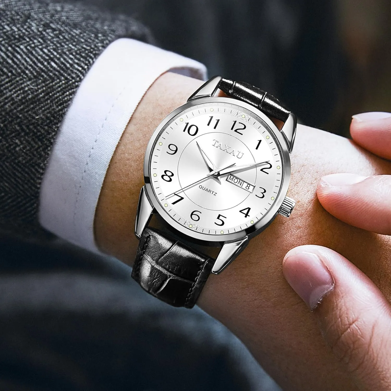 Watch Men,Big Face Watch for Men,Leather Band Wrist Man Watches,Classic Date Day Watches Mens Analog Waterproof Relojes para Hombres Blue/Gray/White/Black Dial