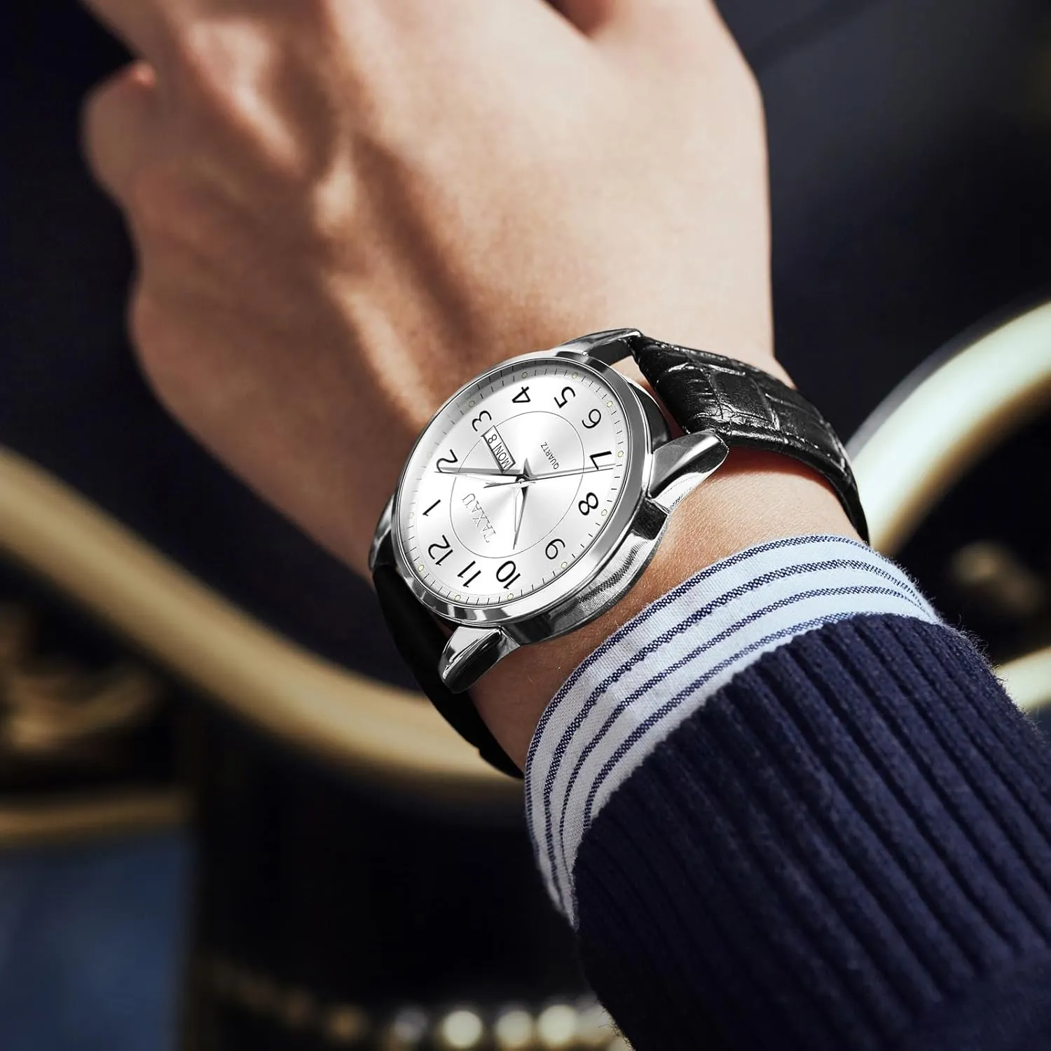 Watch Men,Big Face Watch for Men,Leather Band Wrist Man Watches,Classic Date Day Watches Mens Analog Waterproof Relojes para Hombres Blue/Gray/White/Black Dial