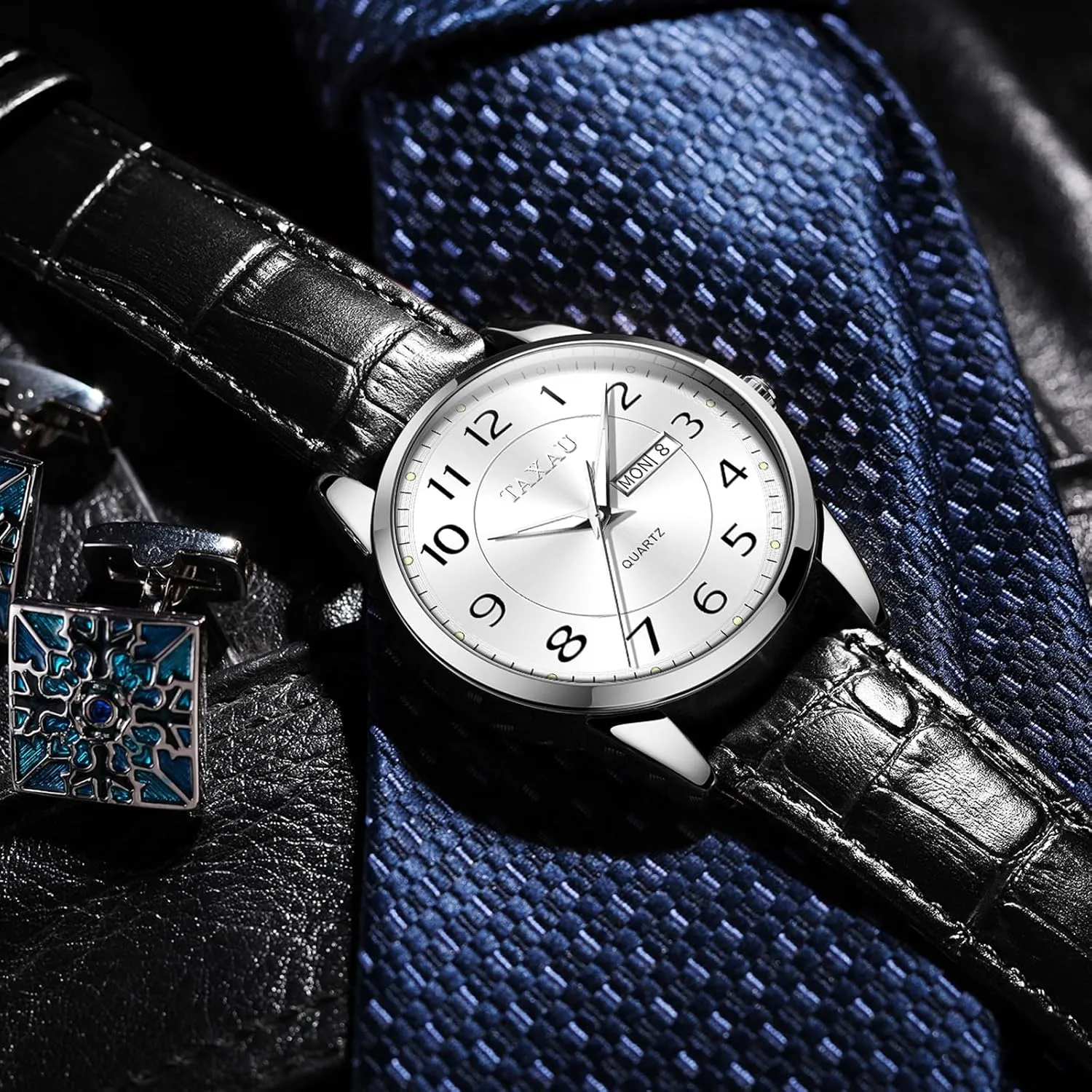 Watch Men,Big Face Watch for Men,Leather Band Wrist Man Watches,Classic Date Day Watches Mens Analog Waterproof Relojes para Hombres Blue/Gray/White/Black Dial