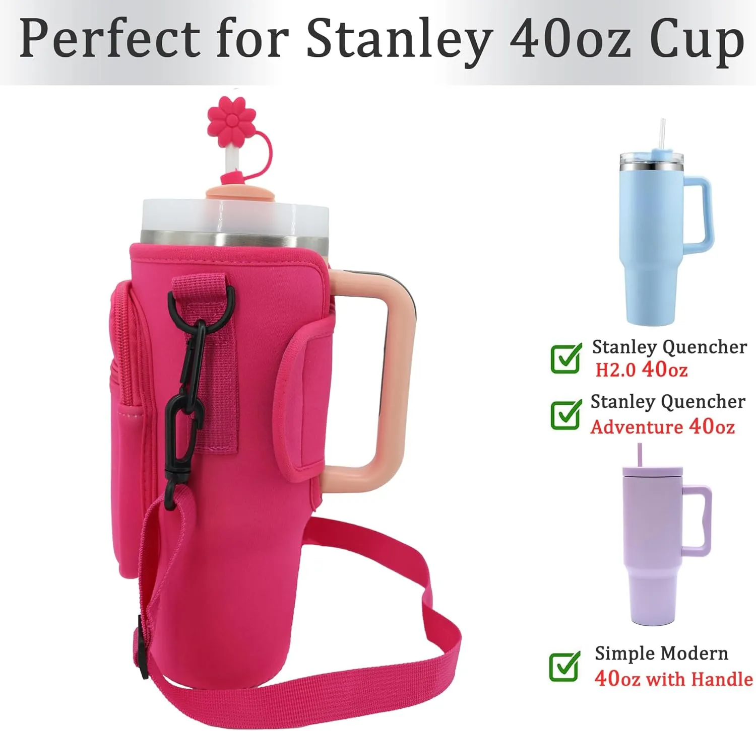 Water Bottle Carrier with Strap for Stanley 40 oz Tumbler,Personalized Initial ID Name Stanley Bag with Phone Pocket, Adjustable Strap, Stanley Cup Accessories