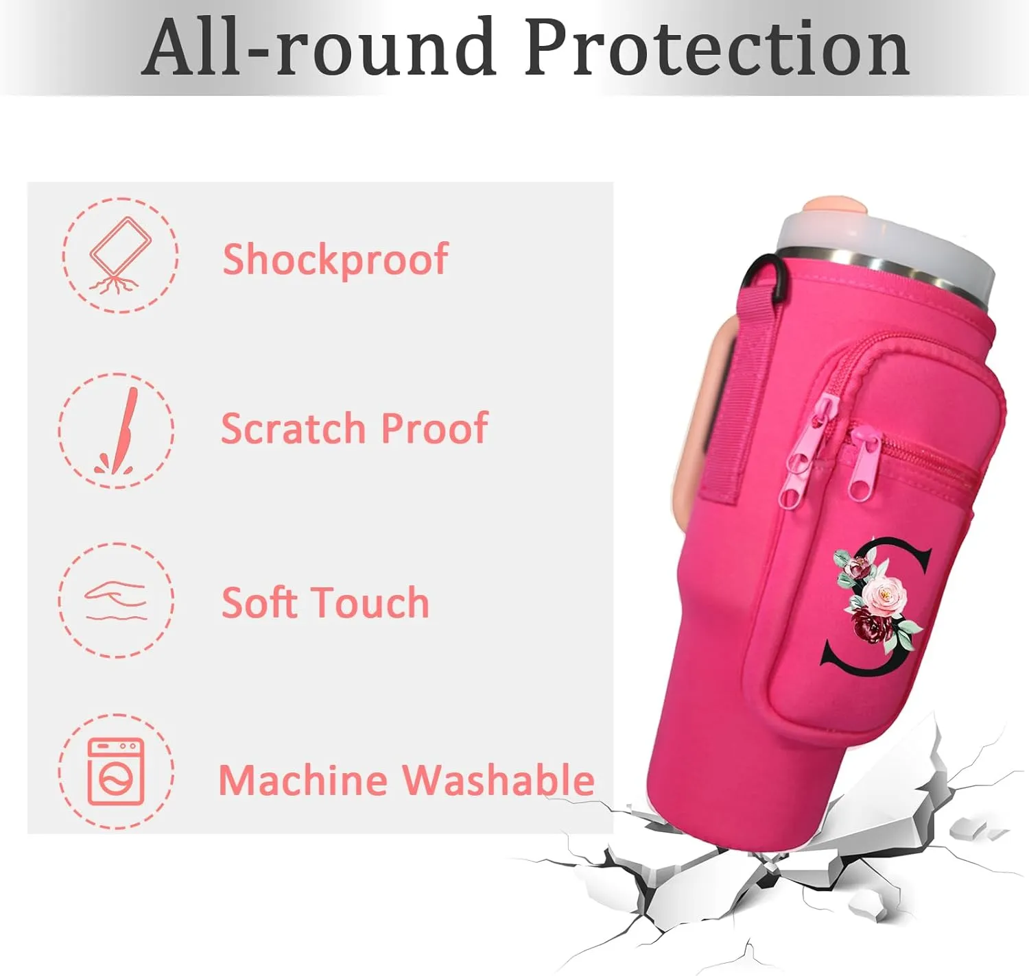 Water Bottle Carrier with Strap for Stanley 40 oz Tumbler,Personalized Initial ID Name Stanley Bag with Phone Pocket, Adjustable Strap, Stanley Cup Accessories