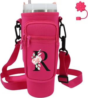 Water Bottle Carrier with Strap for Stanley 40 oz Tumbler,Personalized Initial ID Name Stanley Bag with Phone Pocket, Adjustable Strap, Stanley Cup Accessories