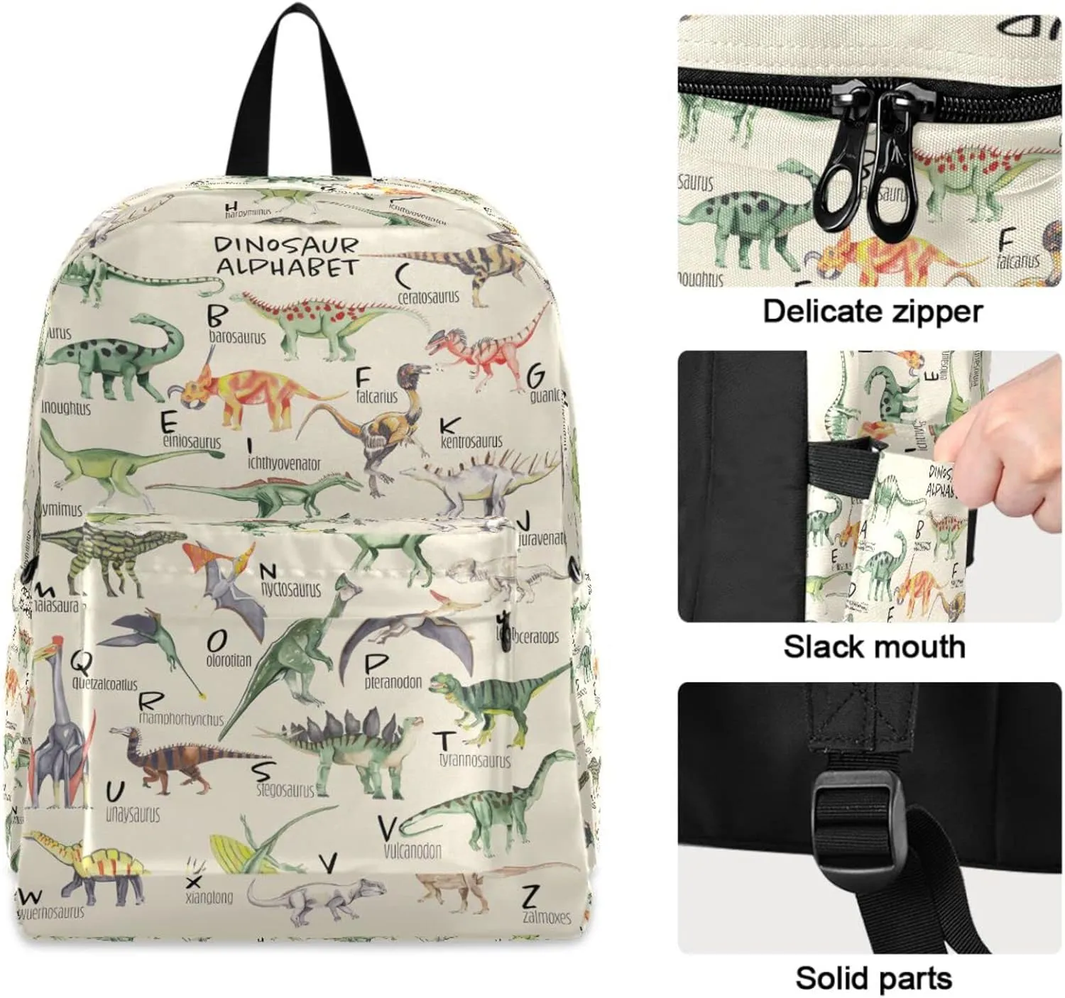 Watercolor Dinosaur Alphabet Large Durable Laptop Backpack, Portable Travel Bag for Boys Girls School Bookbag Work Fit 15.6 Inch Notebook