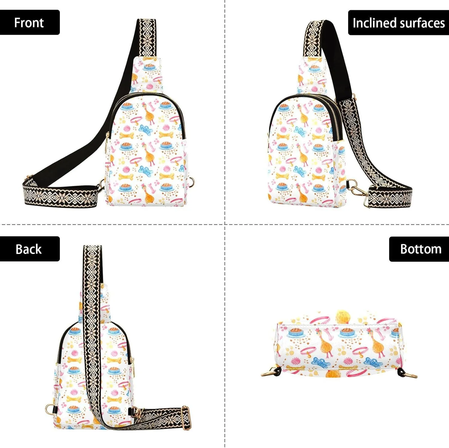 Watercolor Seamless Pattern with Dog Toys Bowl Of Food Dog Collar Rubber Chicken Trendy Crossbody Bag Fashion Waist Packs Cross Body Leather Chest Bag for Women Fanny Pack Travel Outdoor
