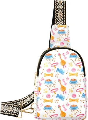 Watercolor Seamless Pattern with Dog Toys Bowl Of Food Dog Collar Rubber Chicken Trendy Crossbody Bag Fashion Waist Packs Cross Body Leather Chest Bag for Women Fanny Pack Travel Outdoor