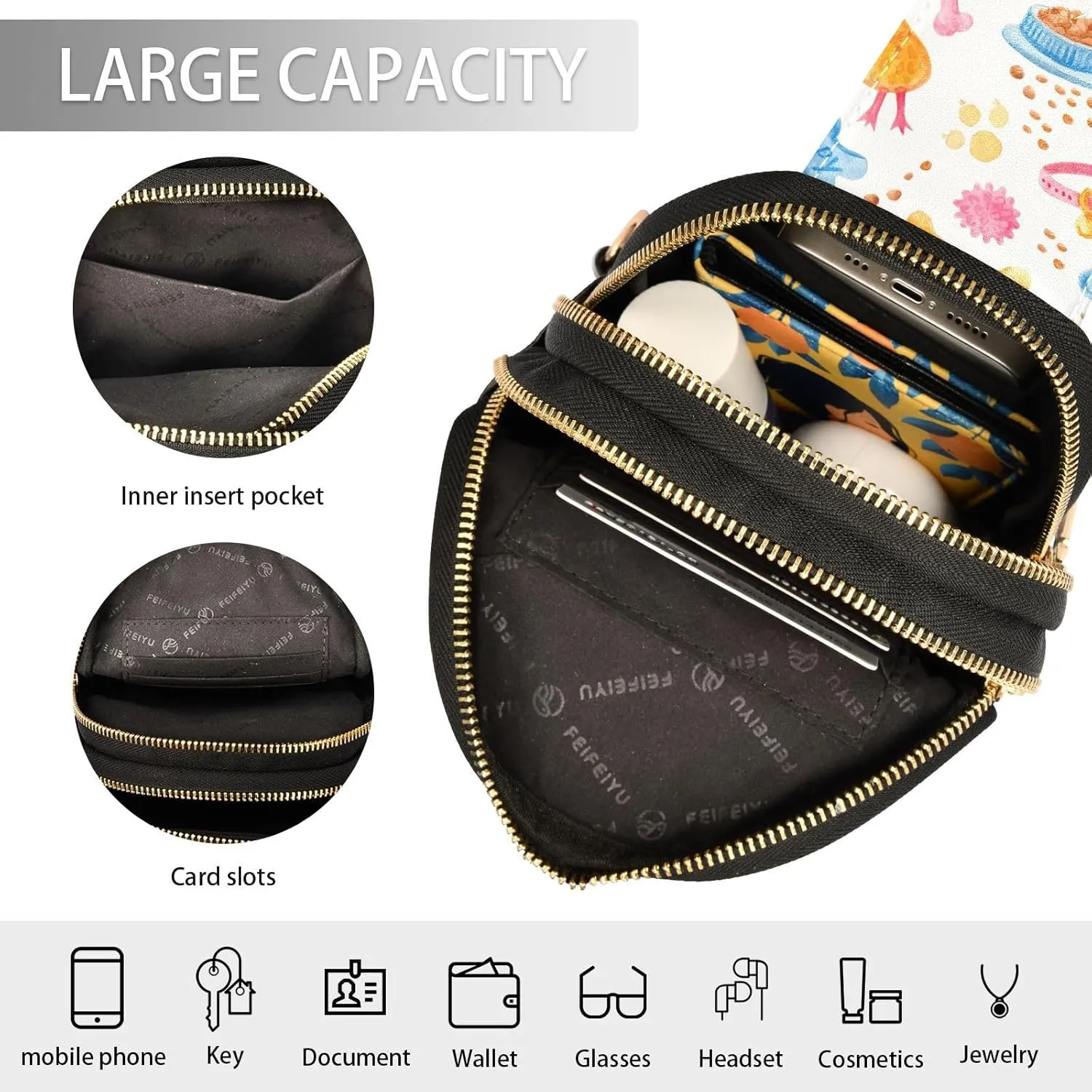 Watercolor Seamless Pattern with Dog Toys Bowl Of Food Dog Collar Rubber Chicken Trendy Crossbody Bag Fashion Waist Packs Cross Body Leather Chest Bag for Women Fanny Pack Travel Outdoor