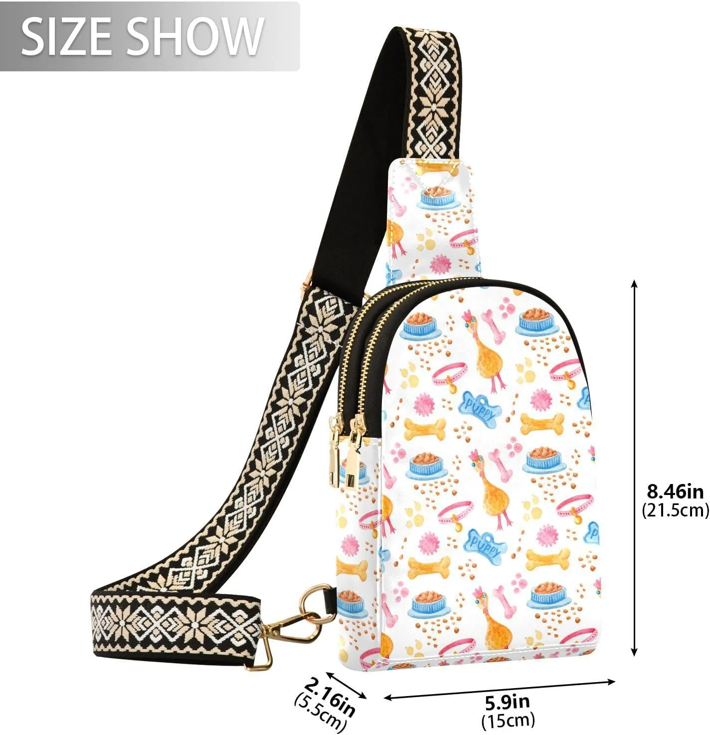 Watercolor Seamless Pattern with Dog Toys Bowl Of Food Dog Collar Rubber Chicken Trendy Crossbody Bag Fashion Waist Packs Cross Body Leather Chest Bag for Women Fanny Pack Travel Outdoor