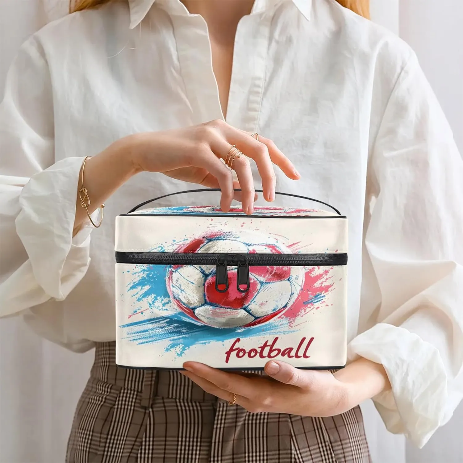 Watercolor Soccer Travel Toiletry Bag Large Capacity Makeup Case Organizer with Handle Cosmetic Case for Women Girls