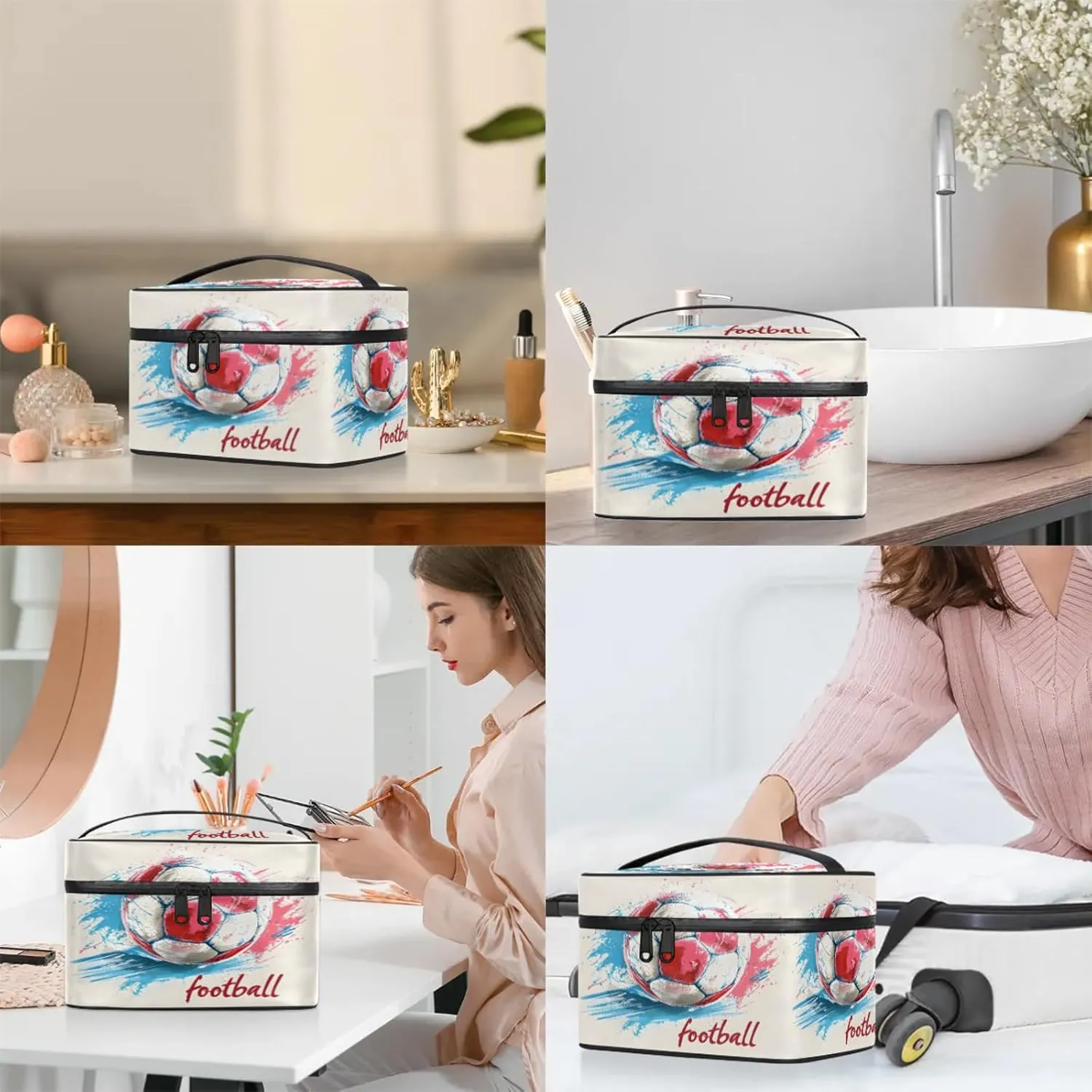 Watercolor Soccer Travel Toiletry Bag Large Capacity Makeup Case Organizer with Handle Cosmetic Case for Women Girls
