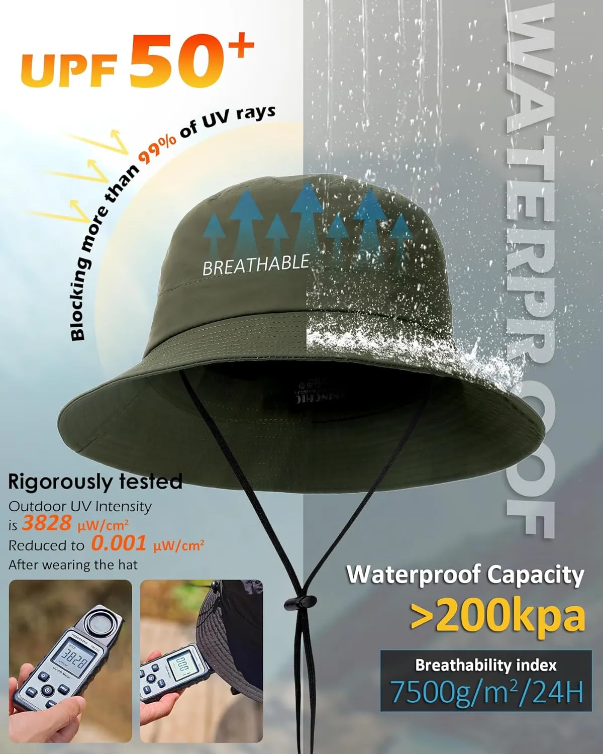 Waterproof Bucket Hat for Women Men Rain Hat UPF 50  Wide Brim Boonie Sun Hat Foldable Summer Floppy Beach Fishing Safari Hat
