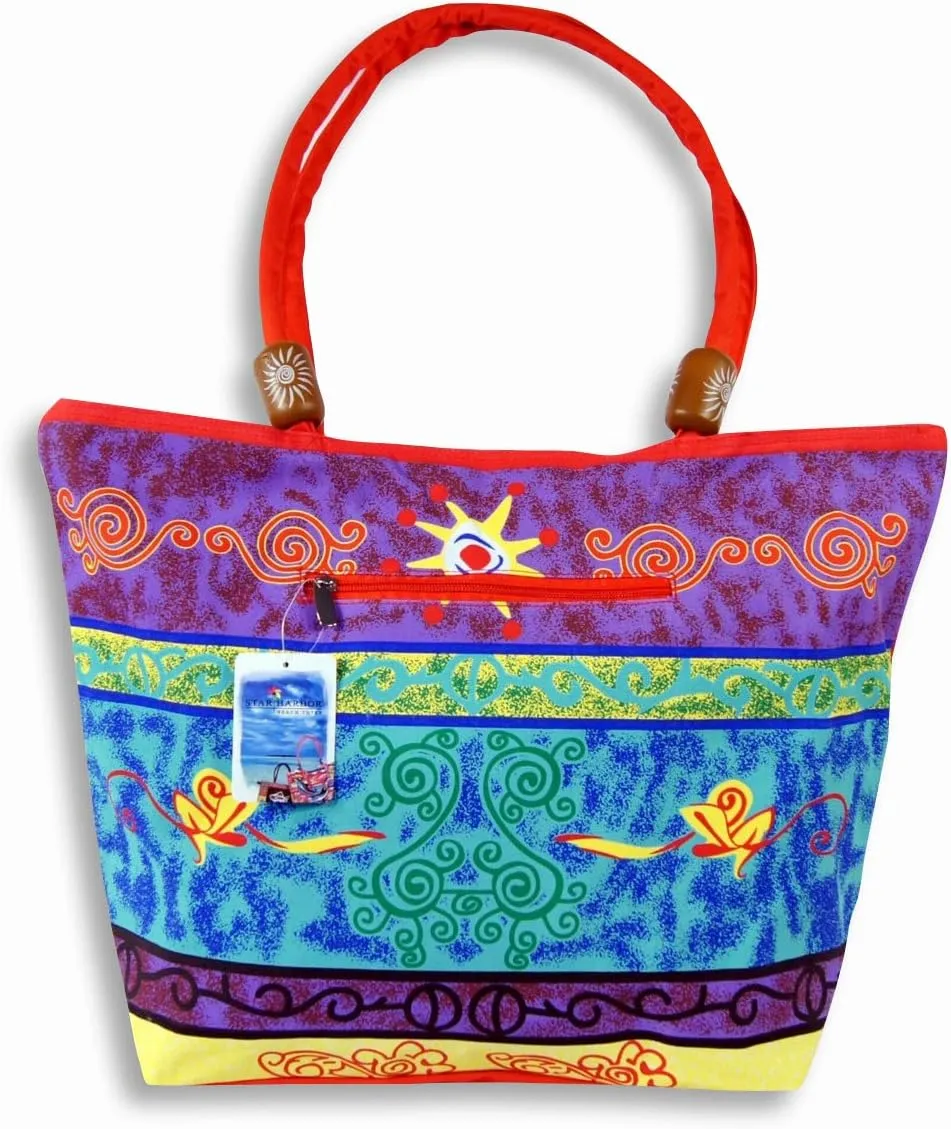 Waterproof Purple Blue Design on front side and Solid red on flip side Canvas Beach Bag Zipper Closure with Wood Balls 21 X 15 X 6"