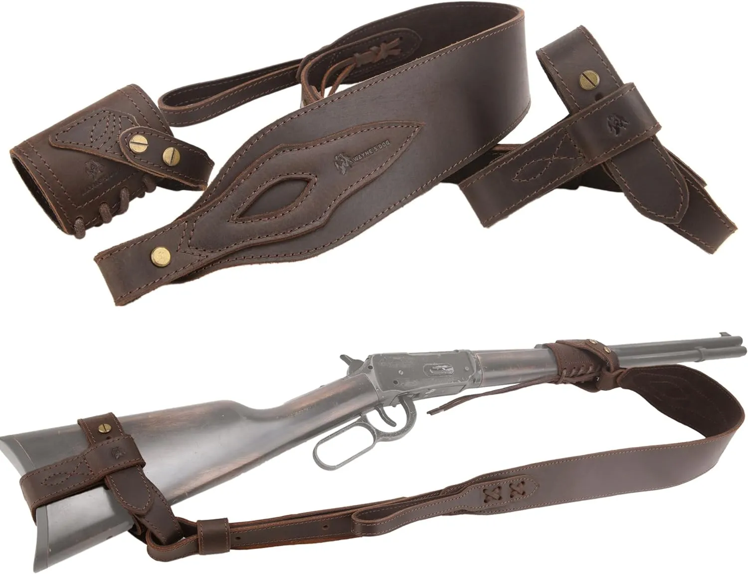 WAYNE'S DOG No Drill Leather Rifle Sling with Stock Harness and Barrel Mount Universal fit Lever Action Rifles, Crescent Shape Stock