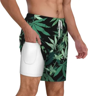 Weed Marijuana Leaf Men's Double Layer Swim Trunks Beach Shorts with Compression Liner Swimwear