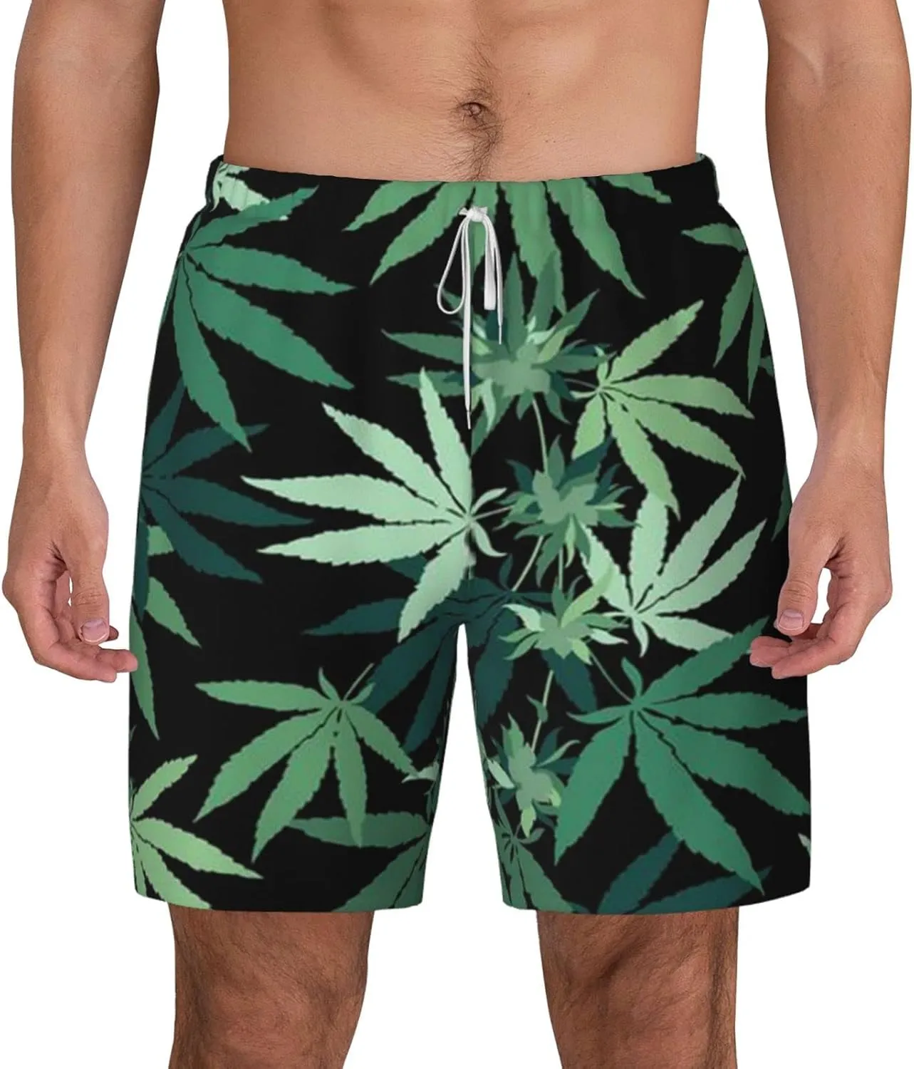 Weed Marijuana Leaf Men's Double Layer Swim Trunks Beach Shorts with Compression Liner Swimwear