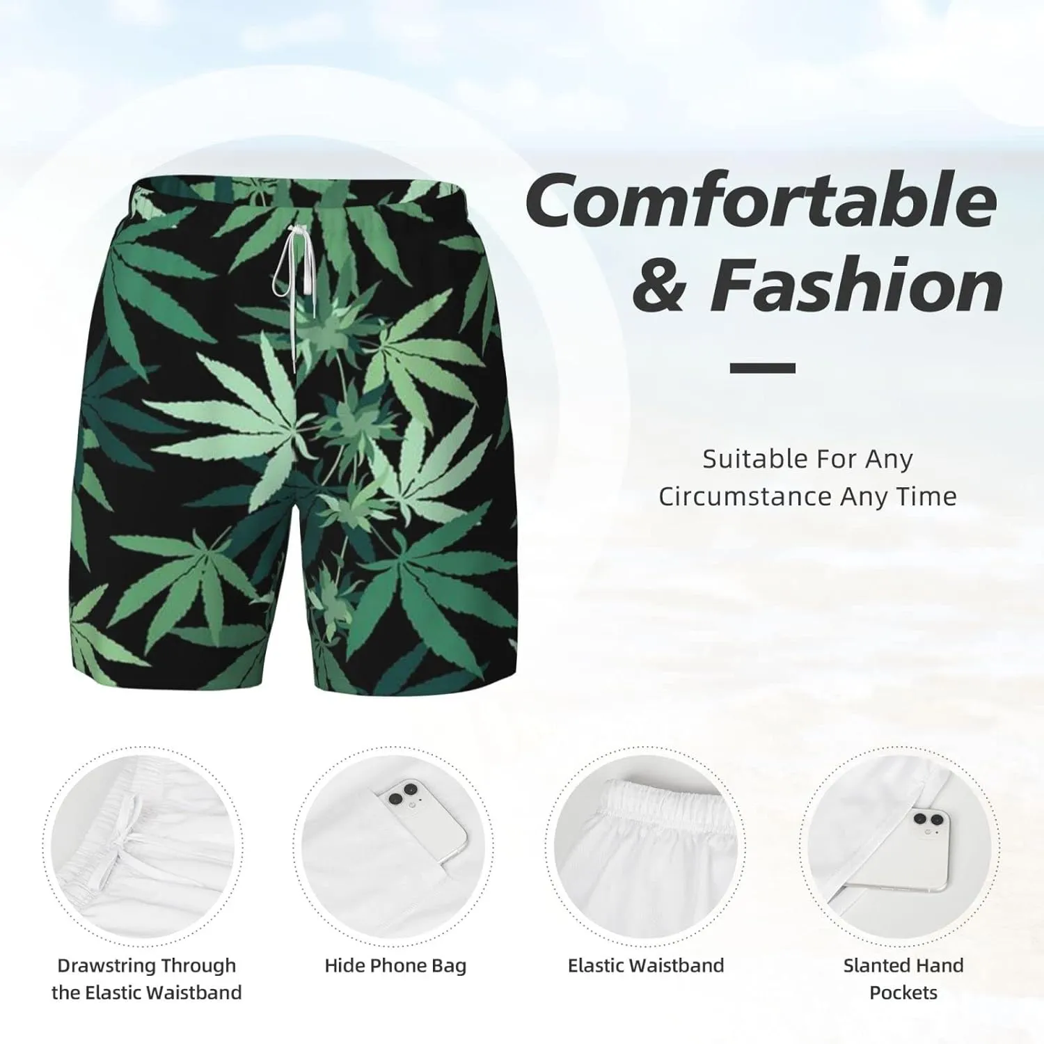 Weed Marijuana Leaf Men's Double Layer Swim Trunks Beach Shorts with Compression Liner Swimwear