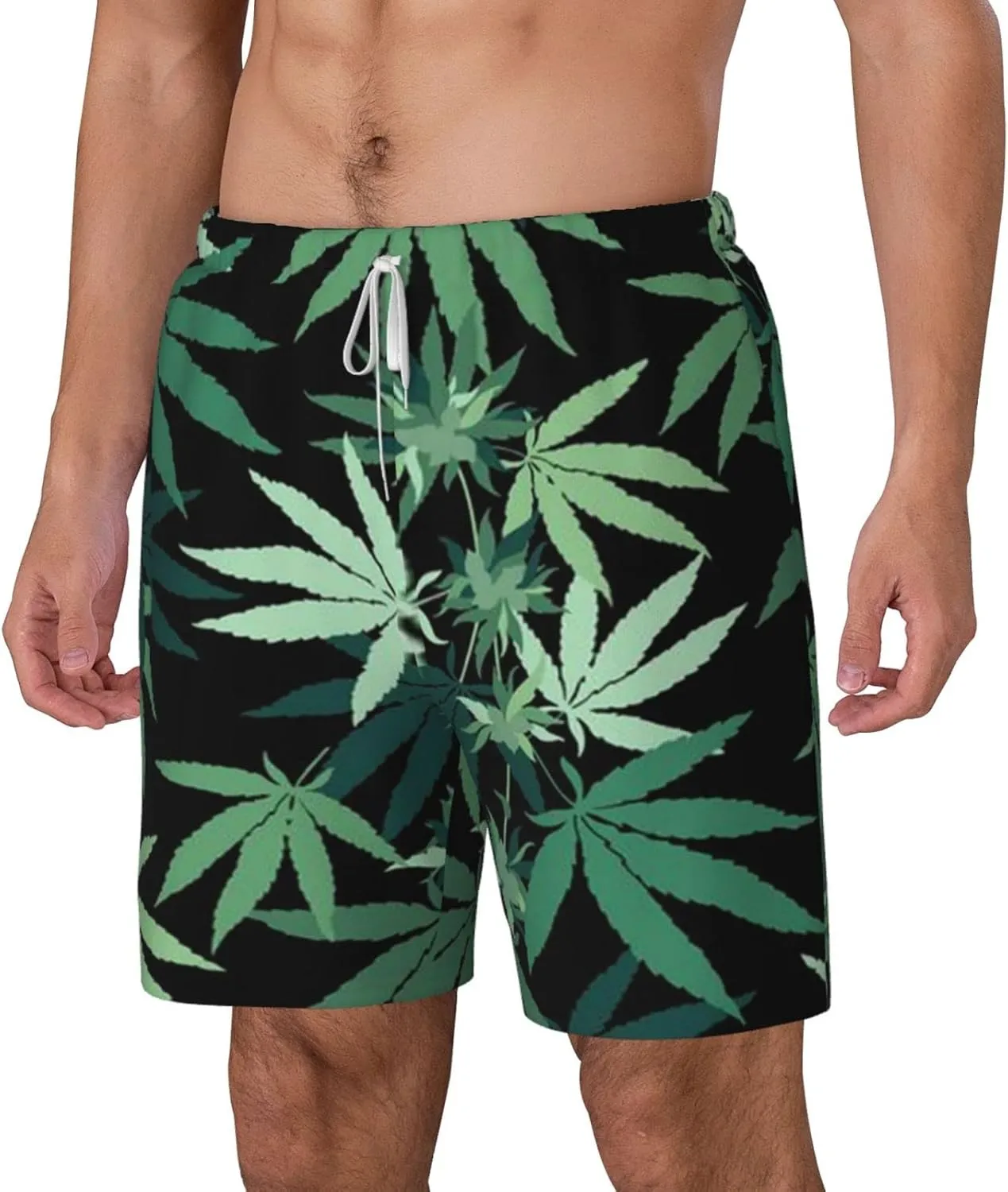 Weed Marijuana Leaf Men's Double Layer Swim Trunks Beach Shorts with Compression Liner Swimwear