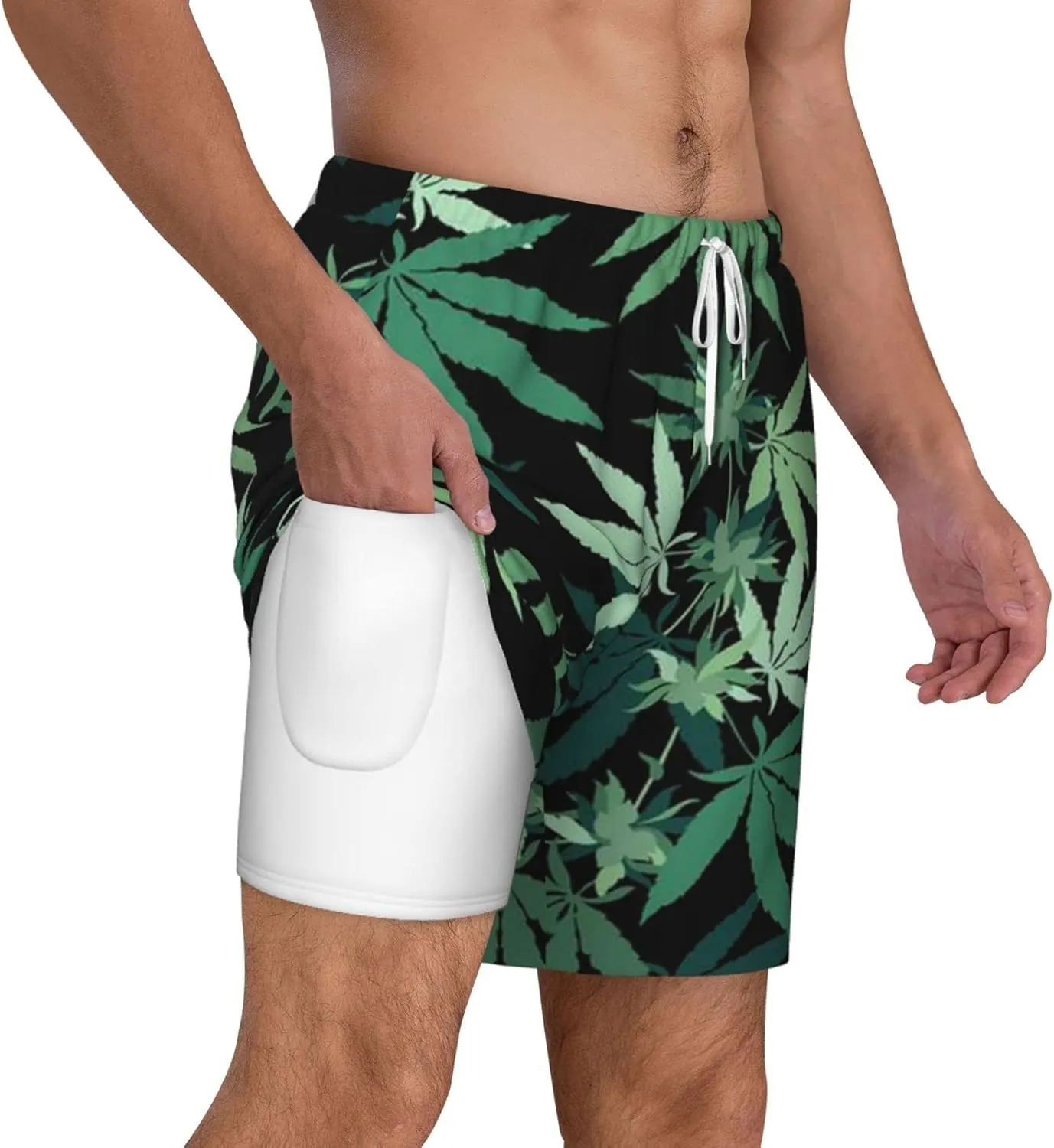 Weed Marijuana Leaf Men's Double Layer Swim Trunks Beach Shorts with Compression Liner Swimwear