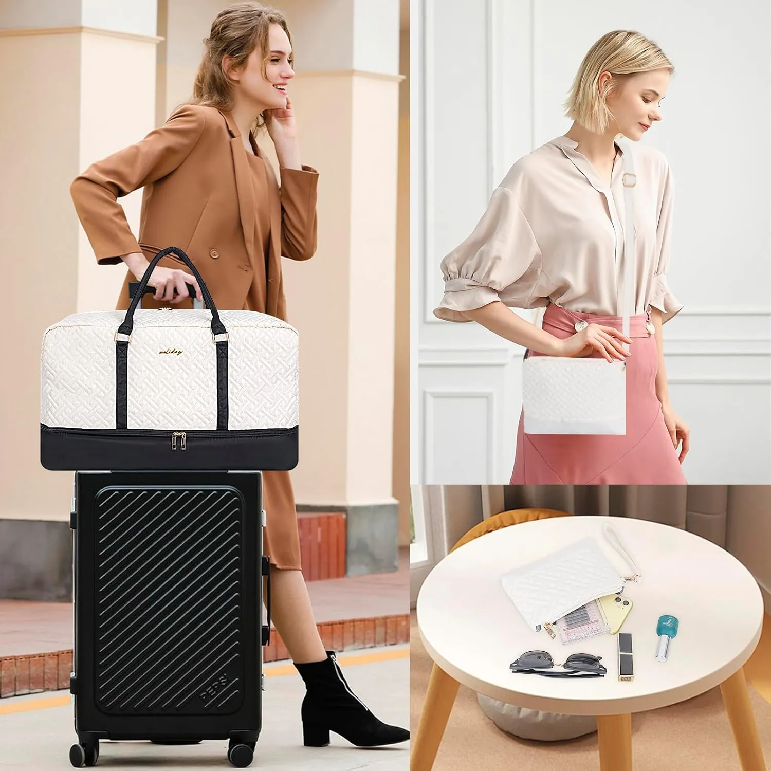 Weekender Bag for Women, 5 Pcs Set Carry on Overnight Bag, 23" Travel Duffel Bag with Waterproof Shoe Compartment