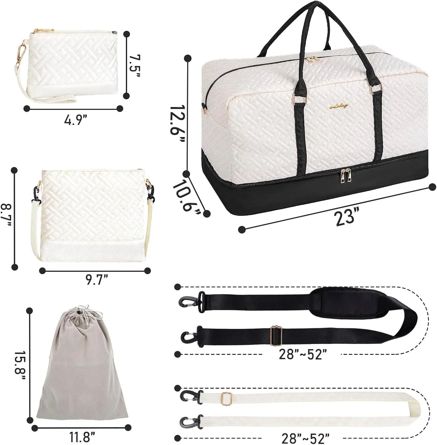 Weekender Bag for Women, 5 Pcs Set Carry on Overnight Bag, 23" Travel Duffel Bag with Waterproof Shoe Compartment