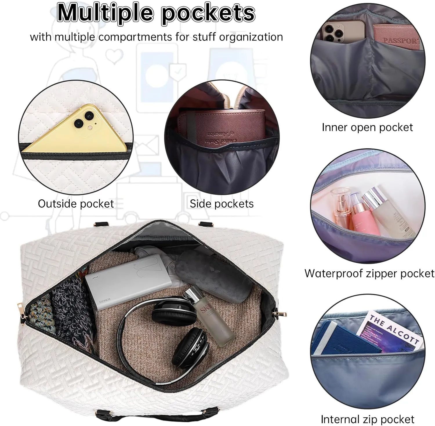 Weekender Bag for Women, 5 Pcs Set Carry on Overnight Bag, 23" Travel Duffel Bag with Waterproof Shoe Compartment