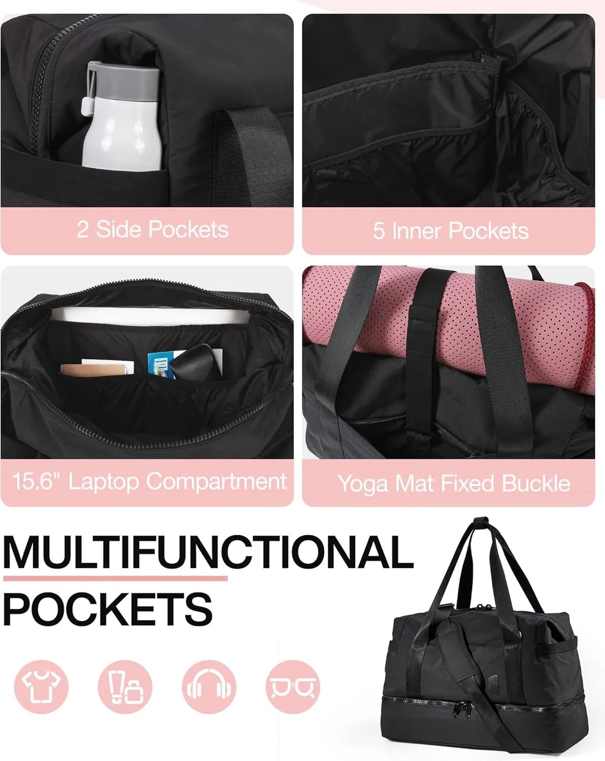 Weekender Bags for Women, BAGSMART Travel Duffel Bags with Shoe Compartment,Personal Item Travel Bag for Airlines, Carry on Overnight Tote Bag with Toiletry Bag(Black,2pcs)