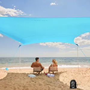 WEKAPO Beach Tent Sun Shelter - Easy Setup Beach Canopy with 4 Sturdy Poles, Large Sandbags and Shovel, 7'8'' Tall, Windproof Sun Shade for Backyard and Camping, UPF 50  Protection