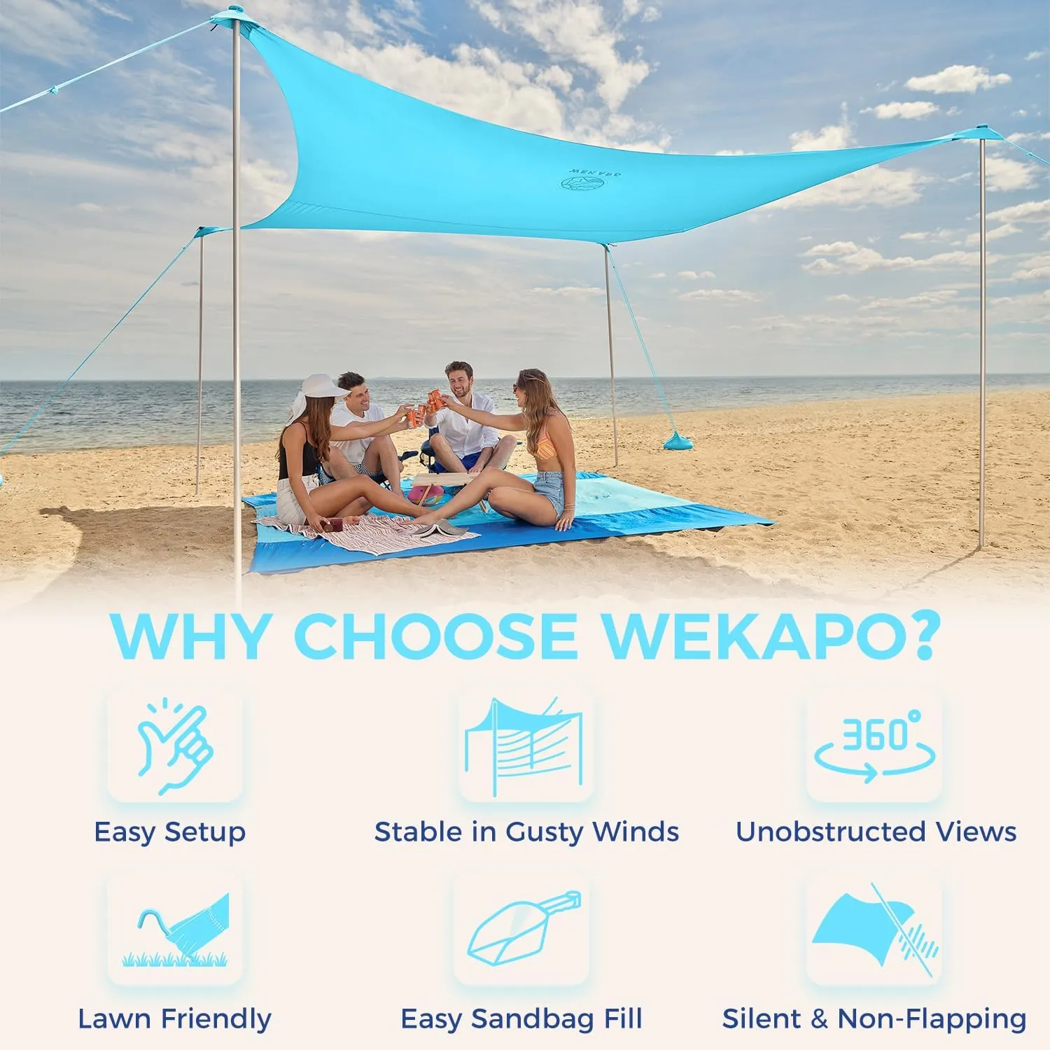 WEKAPO Beach Tent Sun Shelter - Easy Setup Beach Canopy with 4 Sturdy Poles, Large Sandbags and Shovel, 7'8'' Tall, Windproof Sun Shade for Backyard and Camping, UPF 50  Protection