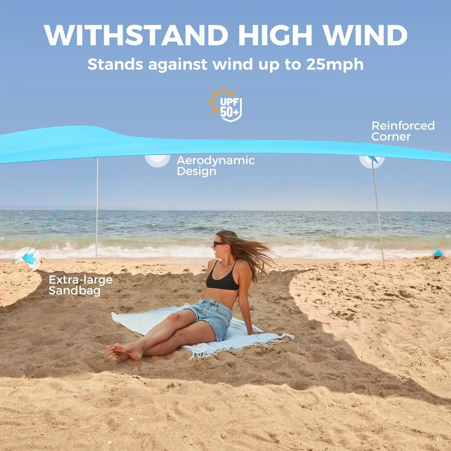 WEKAPO Beach Tent Sun Shelter - Easy Setup Beach Canopy with 4 Sturdy Poles, Large Sandbags and Shovel, 7'8'' Tall, Windproof Sun Shade for Backyard and Camping, UPF 50  Protection