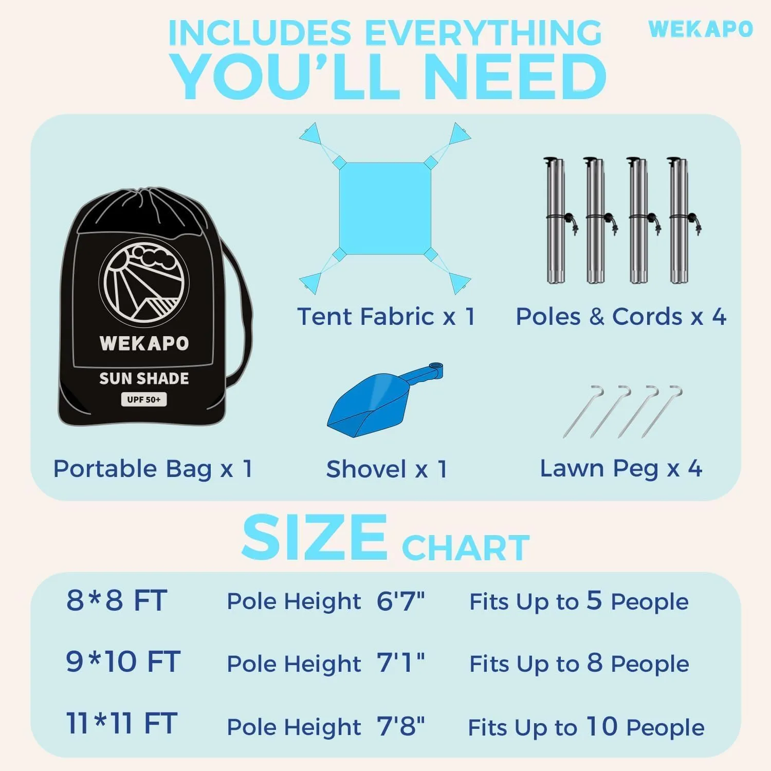 WEKAPO Beach Tent Sun Shelter - Easy Setup Beach Canopy with 4 Sturdy Poles, Large Sandbags and Shovel, 7'8'' Tall, Windproof Sun Shade for Backyard and Camping, UPF 50  Protection