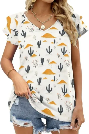 Western Mountains Desert Cactus Women's Summer V Neck Ruffle Short Sleeve Casual Top Loose T-Shirts