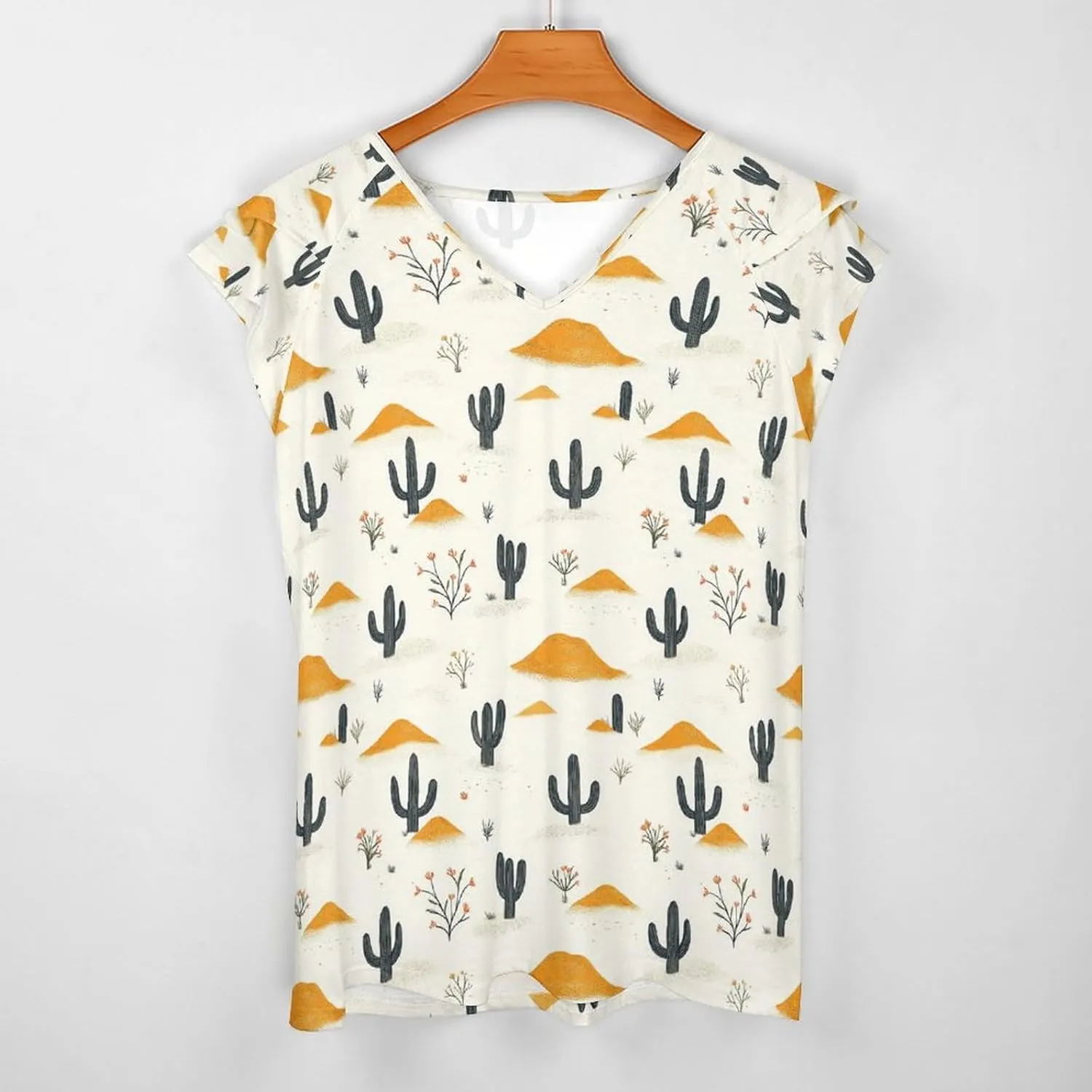 Western Mountains Desert Cactus Women's Summer V Neck Ruffle Short Sleeve Casual Top Loose T-Shirts