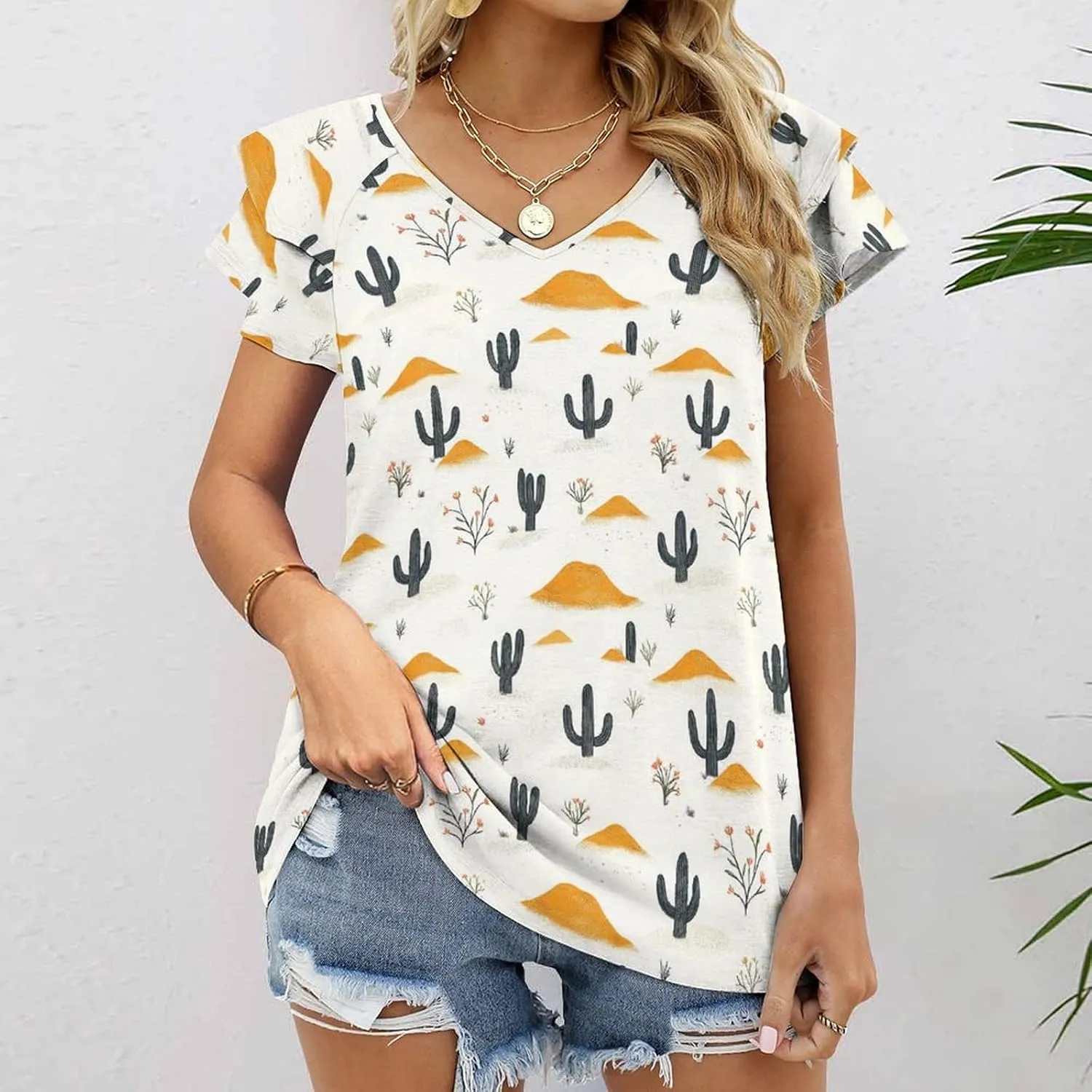 Western Mountains Desert Cactus Women's Summer V Neck Ruffle Short Sleeve Casual Top Loose T-Shirts