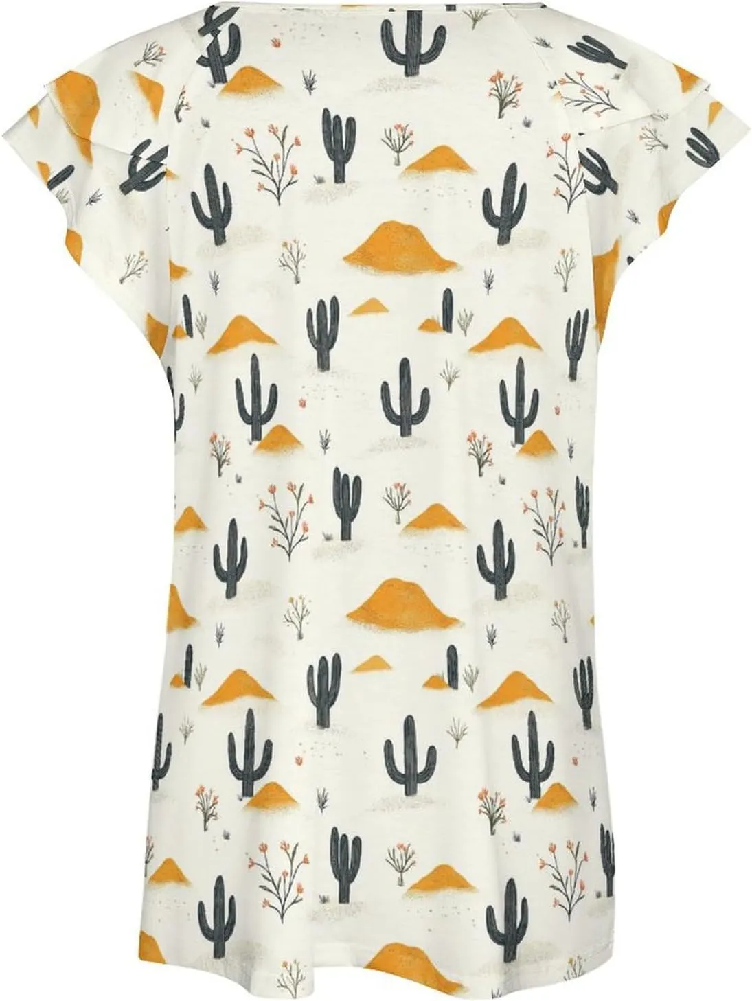 Western Mountains Desert Cactus Women's Summer V Neck Ruffle Short Sleeve Casual Top Loose T-Shirts