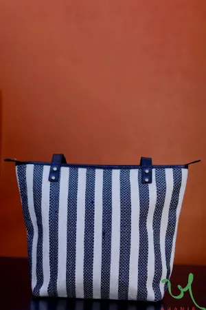 White and Black Striped Upcycled Plastic handwoven Tote Bag