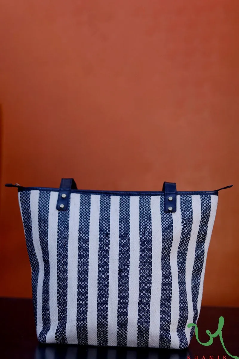 White and Black Striped Upcycled Plastic handwoven Tote Bag