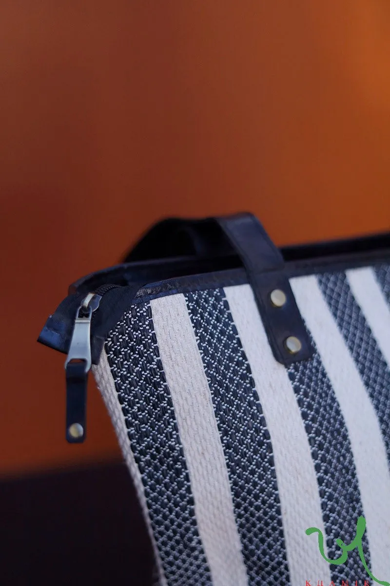 White and Black Striped Upcycled Plastic handwoven Tote Bag