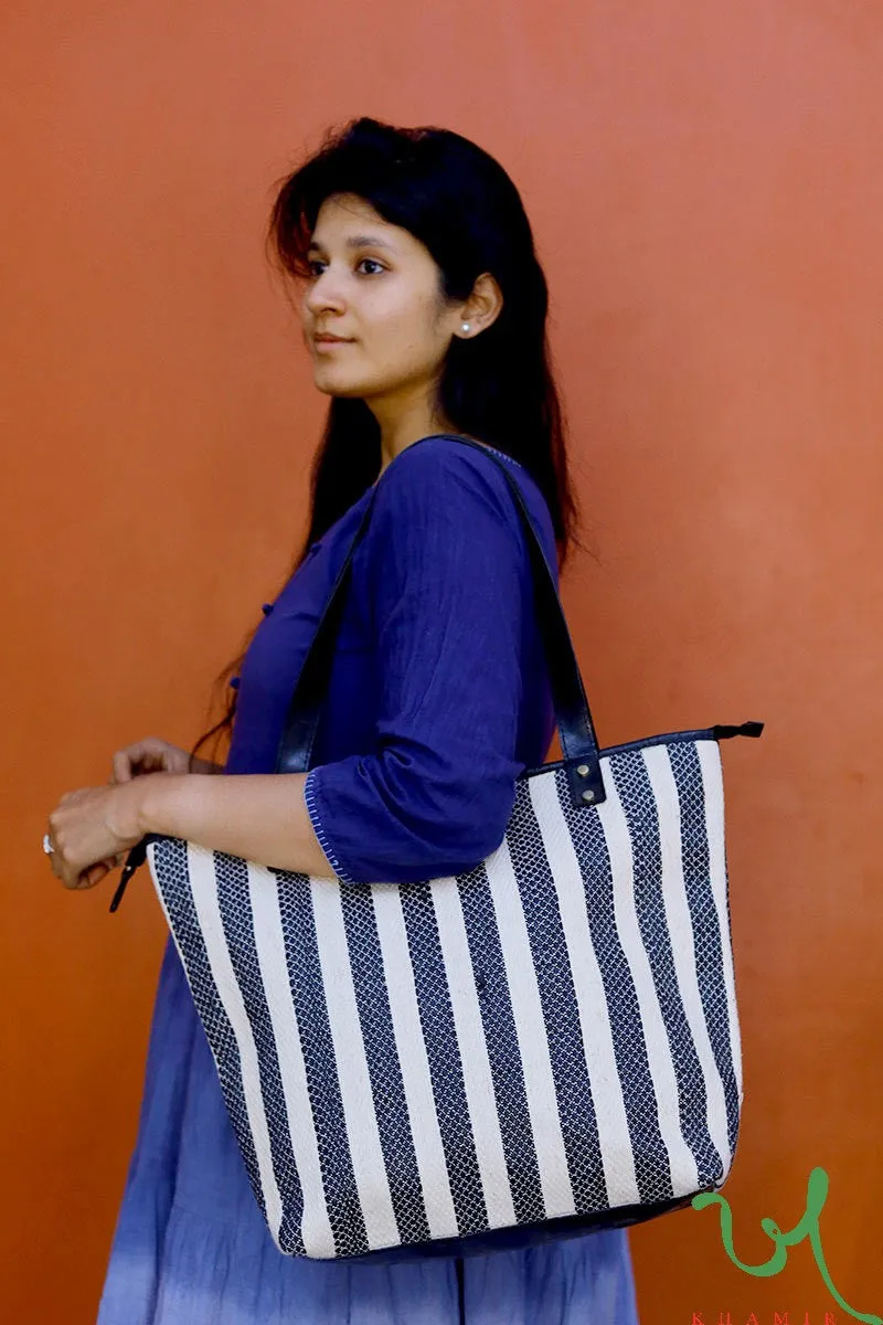 White and Black Striped Upcycled Plastic handwoven Tote Bag