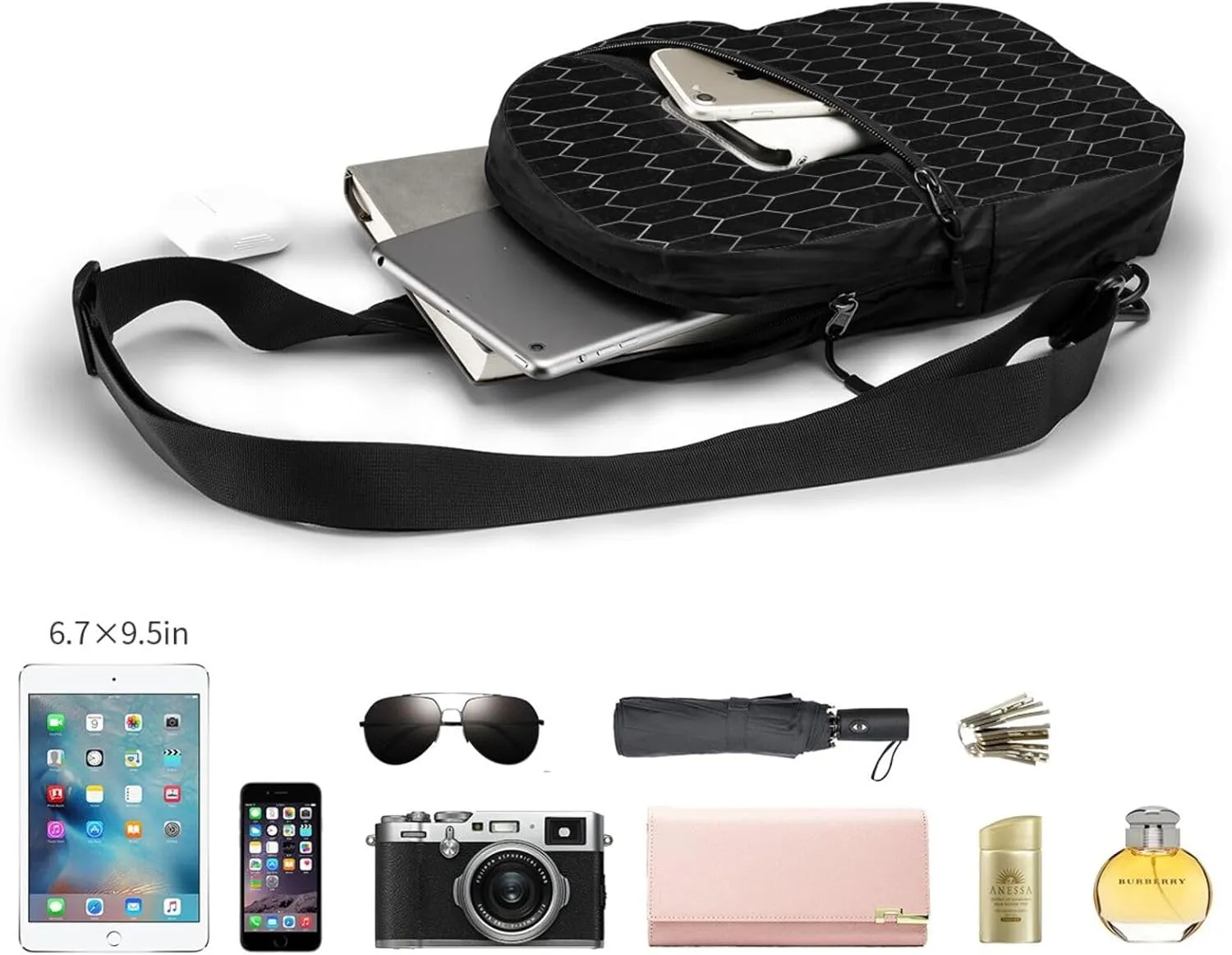 White Hexagonal Sling Bag for Men Women, Small Crossbody Sling Backpack Shoulder Chest Bag, Anti Theft Travel Hiking Sports
