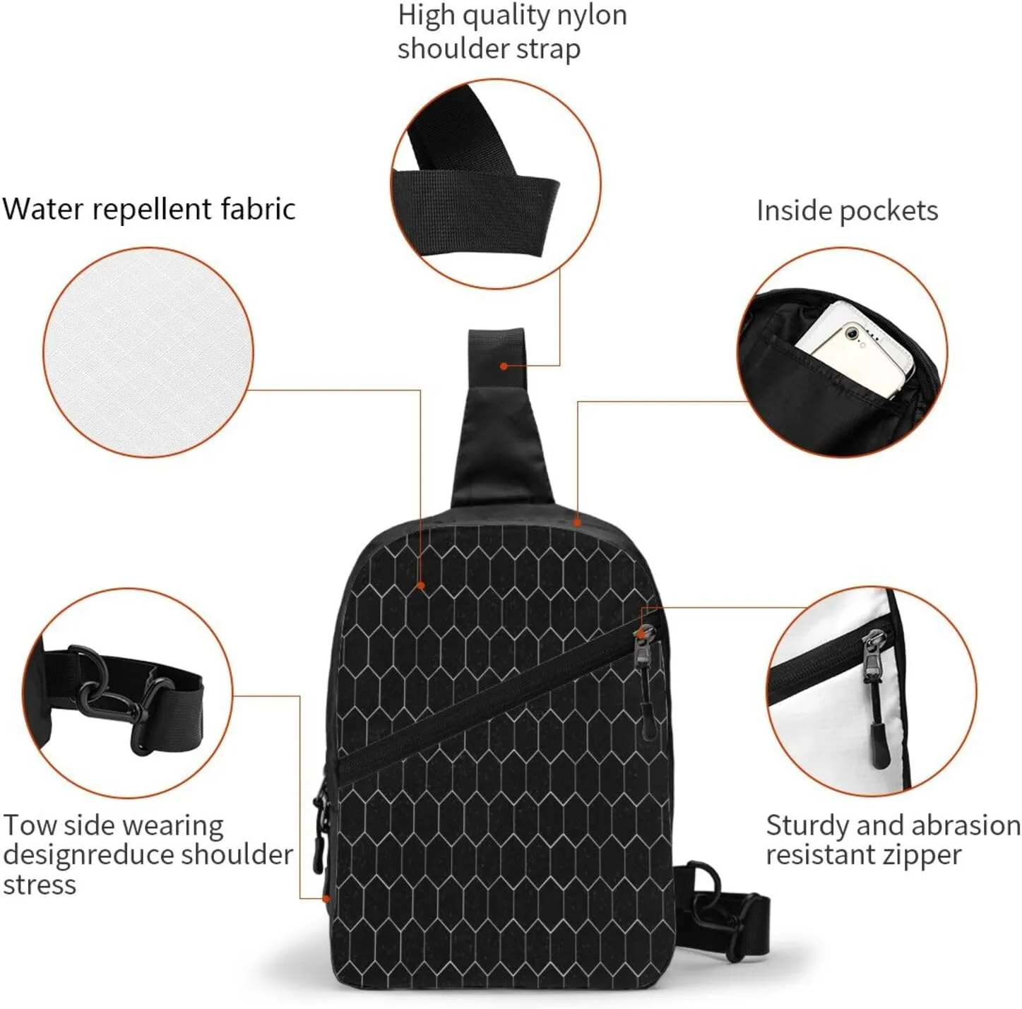 White Hexagonal Sling Bag for Men Women, Small Crossbody Sling Backpack Shoulder Chest Bag, Anti Theft Travel Hiking Sports