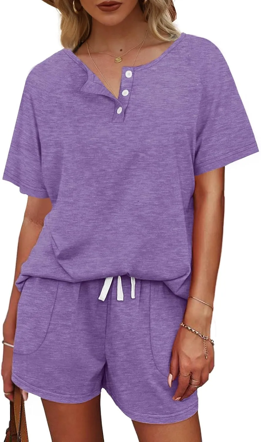 WIHOLL Two Piece Outfits for Women Lounge Sets Button Down Top and Shorts Set Sweatsuits with Pockets