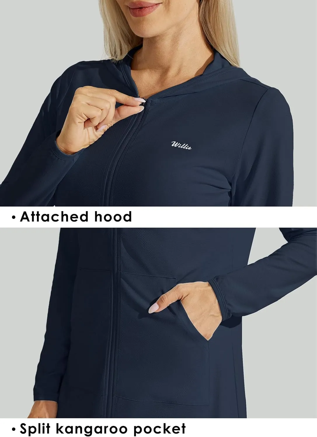 Willit UPF 50  Women's Swim Cover Up Sun Protection Beach Swimwear Bathing Suit Long Hoodie Jacket SPF