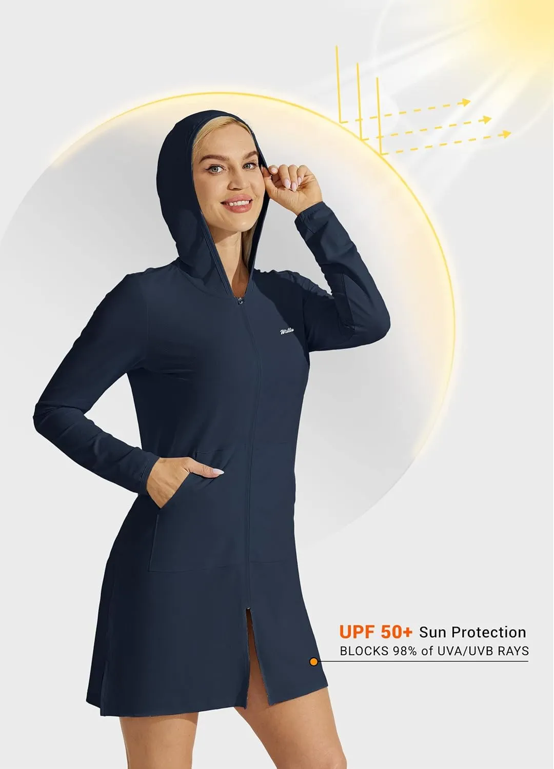 Willit UPF 50  Women's Swim Cover Up Sun Protection Beach Swimwear Bathing Suit Long Hoodie Jacket SPF