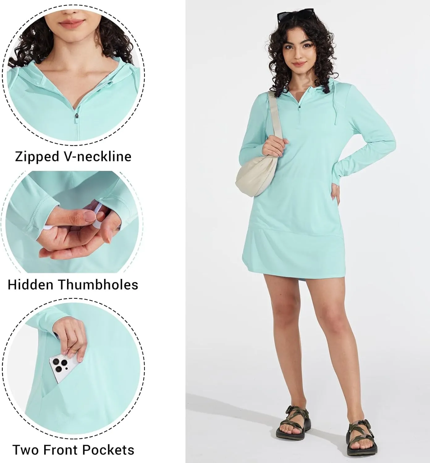 Willit Women's UPF 50  Swim Cover-Up Dress Hooded Beach Sun Long Sleeve Swimwear Quick Dry SPF Swim Shirts