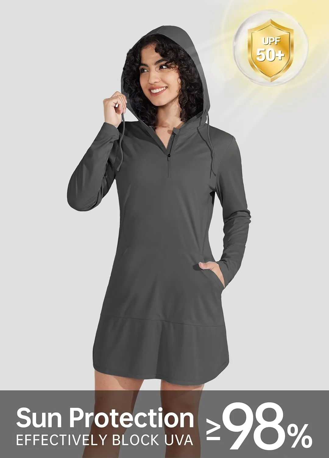 Willit Women's UPF 50  Swim Cover-Up Dress Hooded Beach Sun Long Sleeve Swimwear Quick Dry SPF Swim Shirts