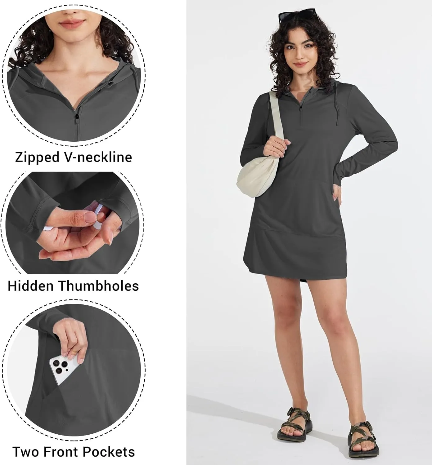 Willit Women's UPF 50  Swim Cover-Up Dress Hooded Beach Sun Long Sleeve Swimwear Quick Dry SPF Swim Shirts
