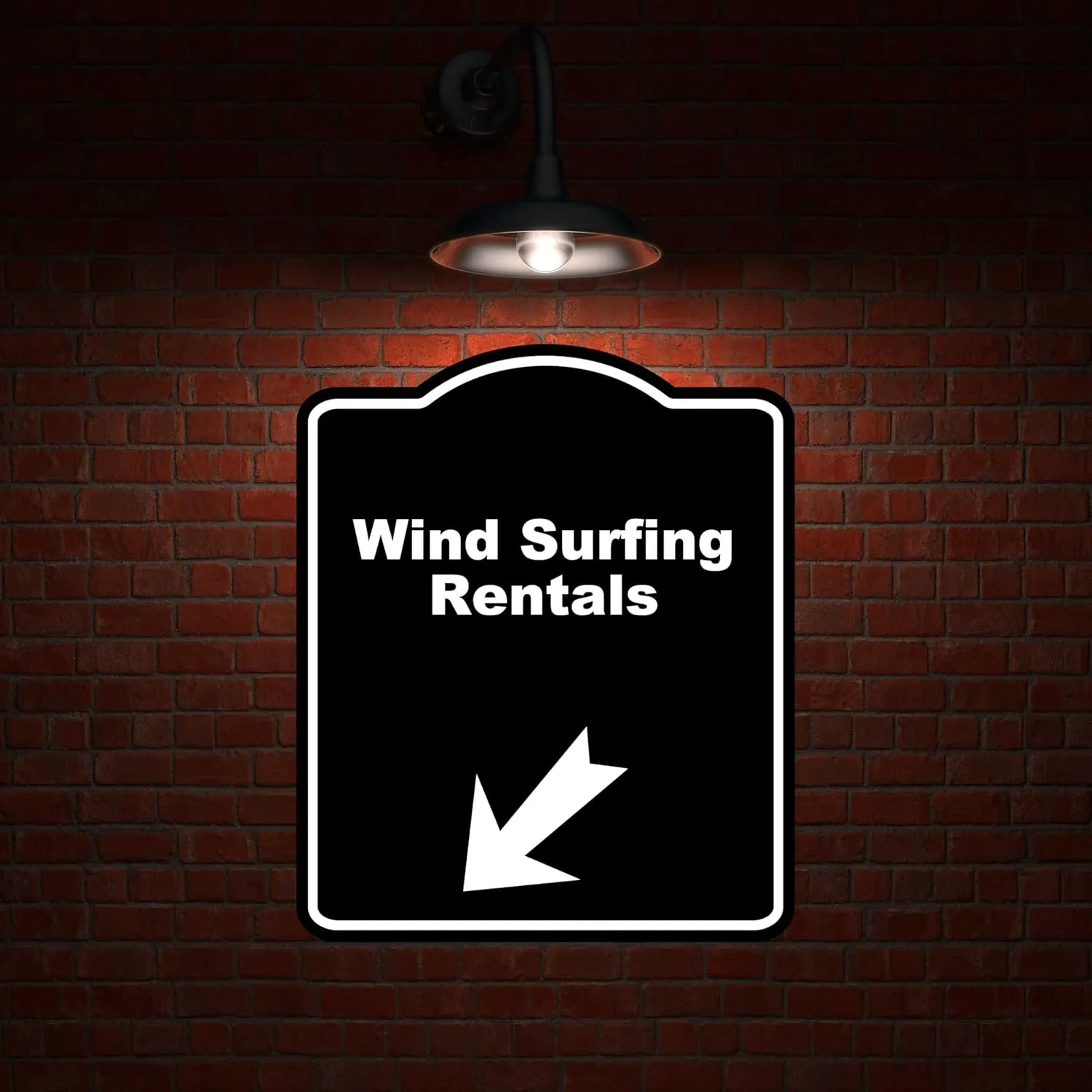 Wind Surfing Rentals Black Sign Arrow Down Left Aluminum Composite Sign 20 x 24 inches