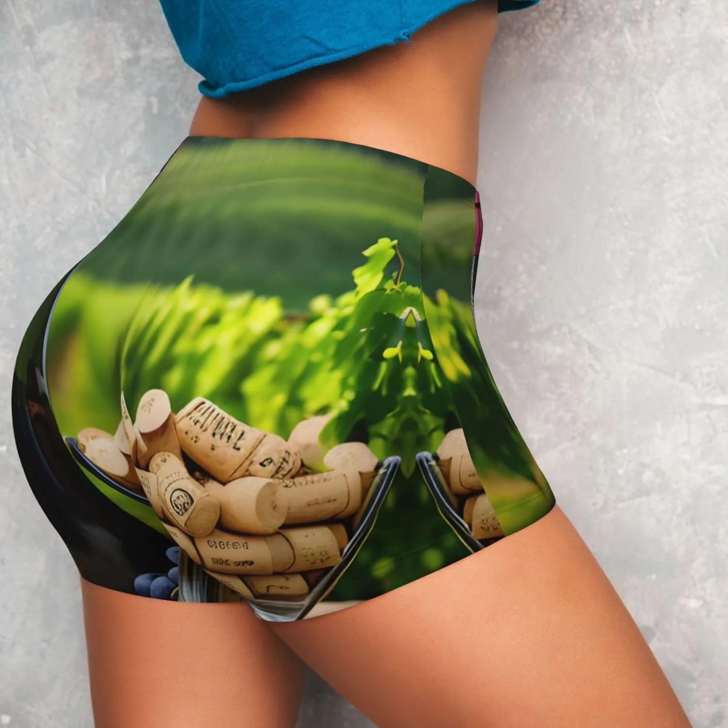 Wine Bottle Corks Grapes Print Women's Workout Short Elastic Scrunch Gym Shorts Exercise High Waisted Fit Yoga