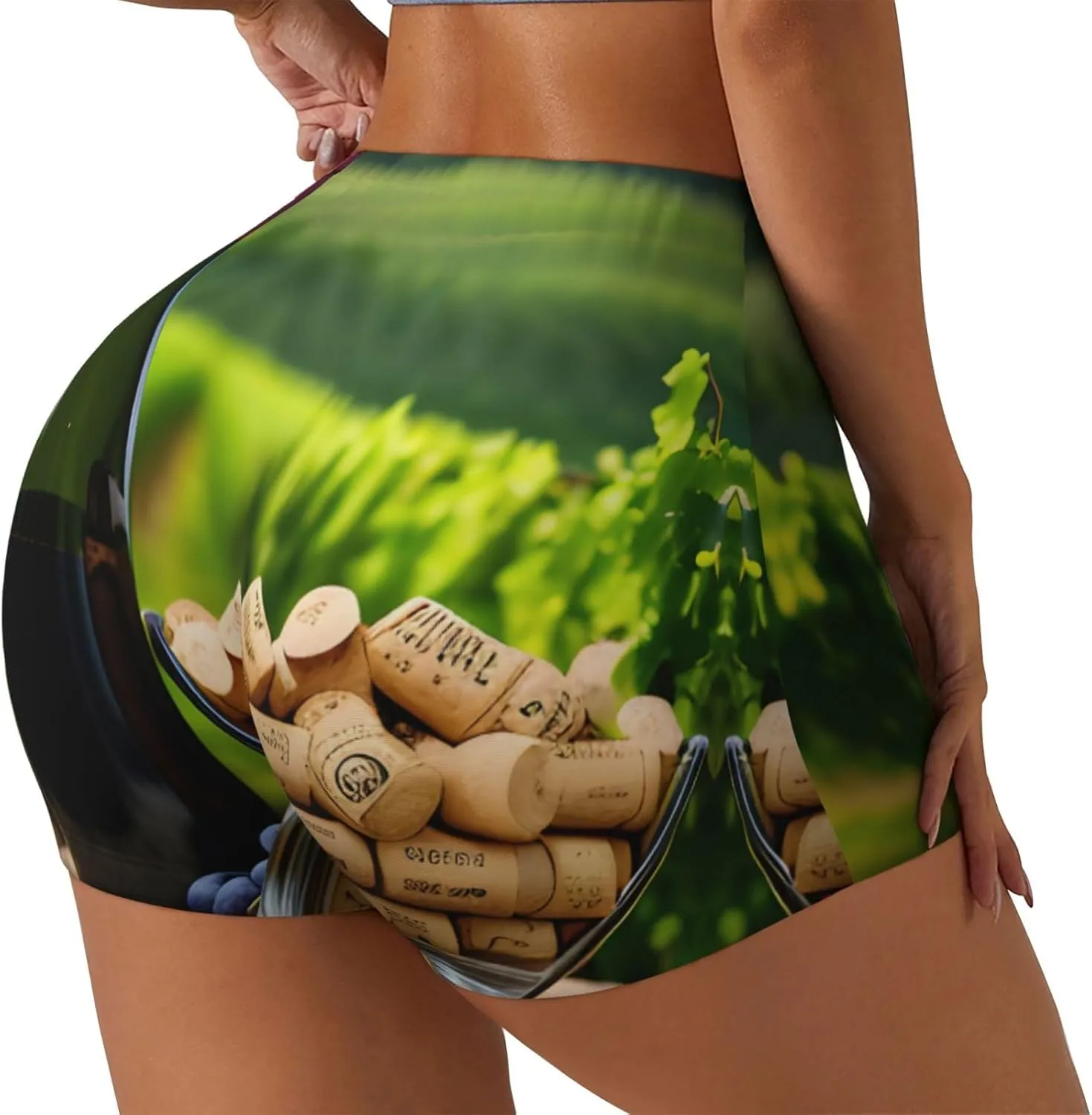 Wine Bottle Corks Grapes Print Women's Workout Short Elastic Scrunch Gym Shorts Exercise High Waisted Fit Yoga