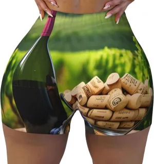 Wine Bottle Corks Grapes Print Women's Workout Short Elastic Scrunch Gym Shorts Exercise High Waisted Fit Yoga